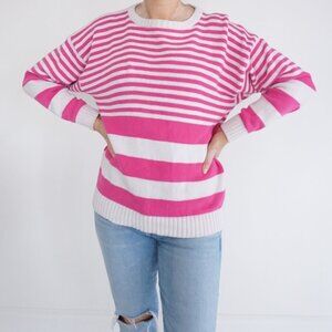 Vintage Barbie Pink White Stripe Ribbed Knit 100% Cotton Crewneck Sweater S
